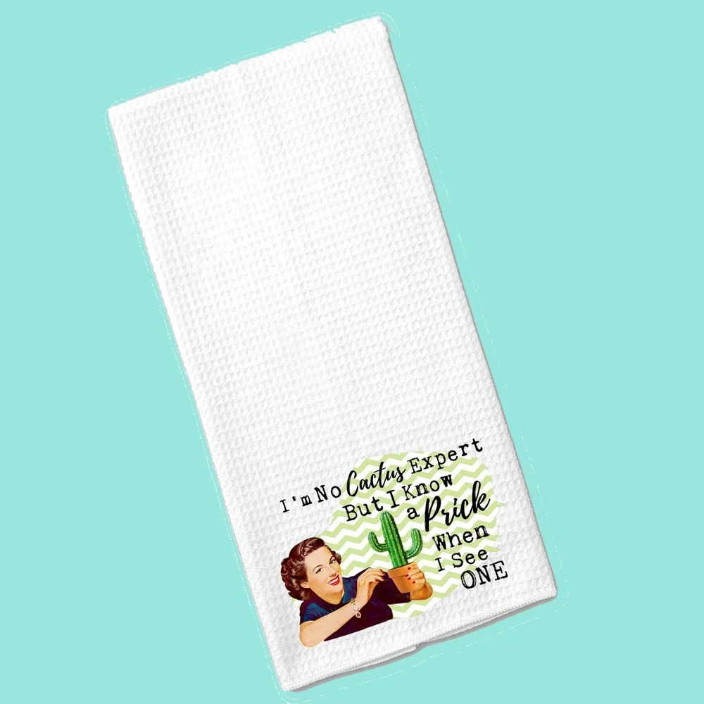 Funny Retro Waffle Weave Kitchen Towel I Know A Prick Cactus Humor White